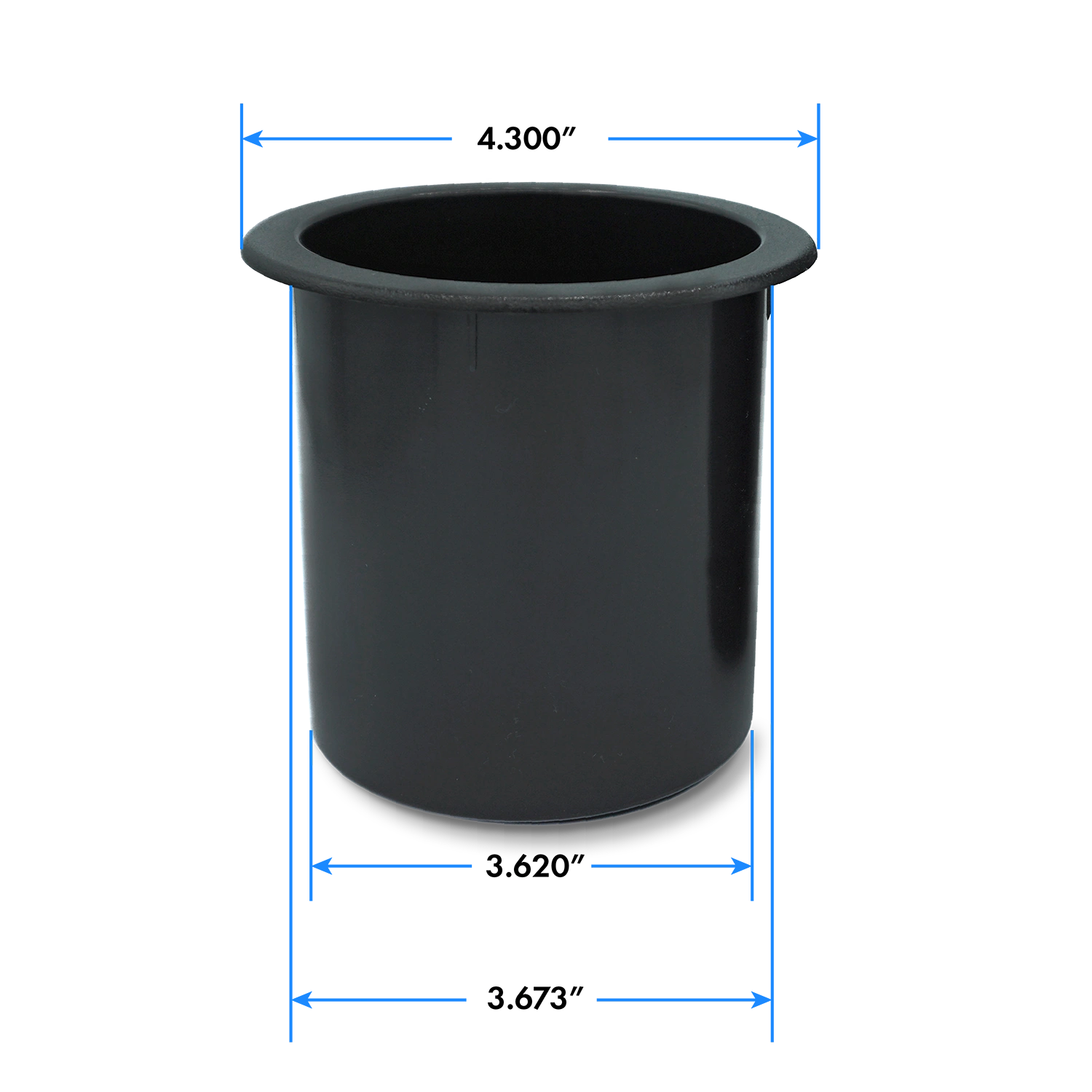 Diagram of the drop in recessed cup holder for boats showing the dimensions of the min and max widths. Minimum width: 3.620