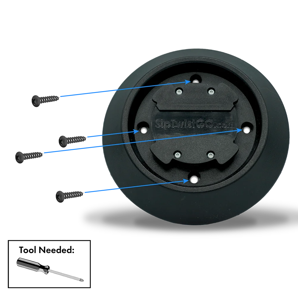Diagram of how to install the flat mount cup holder using the screws. Use a phillips screwdriver to drive the 4 screws in.