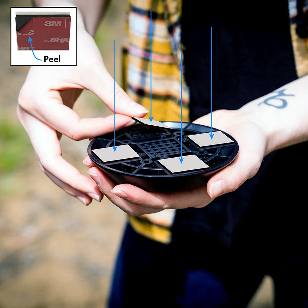 Flat Mount installation using adhesive: place the adhesive onto the recessed indents on the corners of the flat mount.