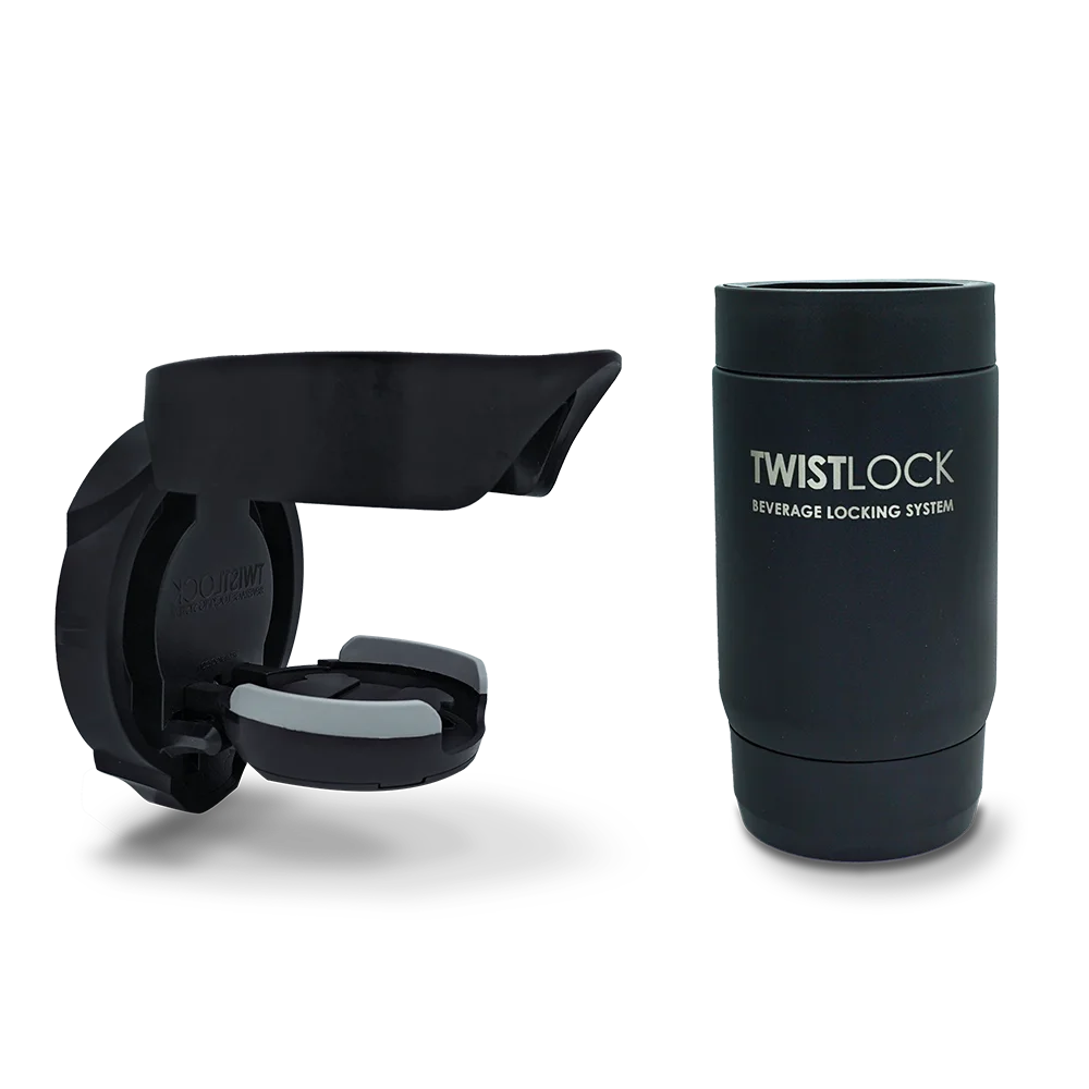 Head on product image of the vertical mount folding cup holder in the open position and the insulated can cooler sitting next to it.