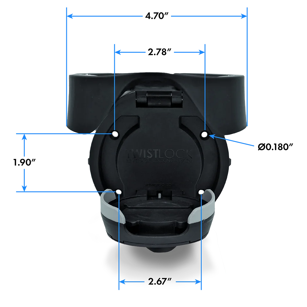 The dimensions and locations of screw holes for the folding vertical mount locking cup holder. The width is 4.70