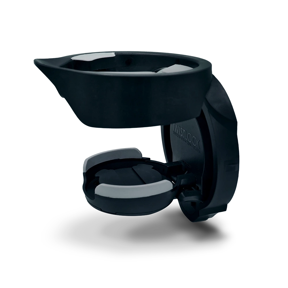 Attachable folding Vertical mount locking cup holder angled open product shot.