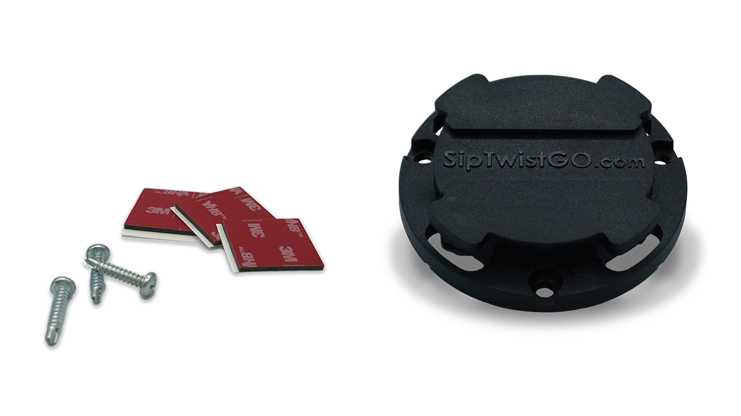 What is included to attach the Mini Disc Locking Cup Holder: Three double-sided adhesive squares and three self-tapping screws.