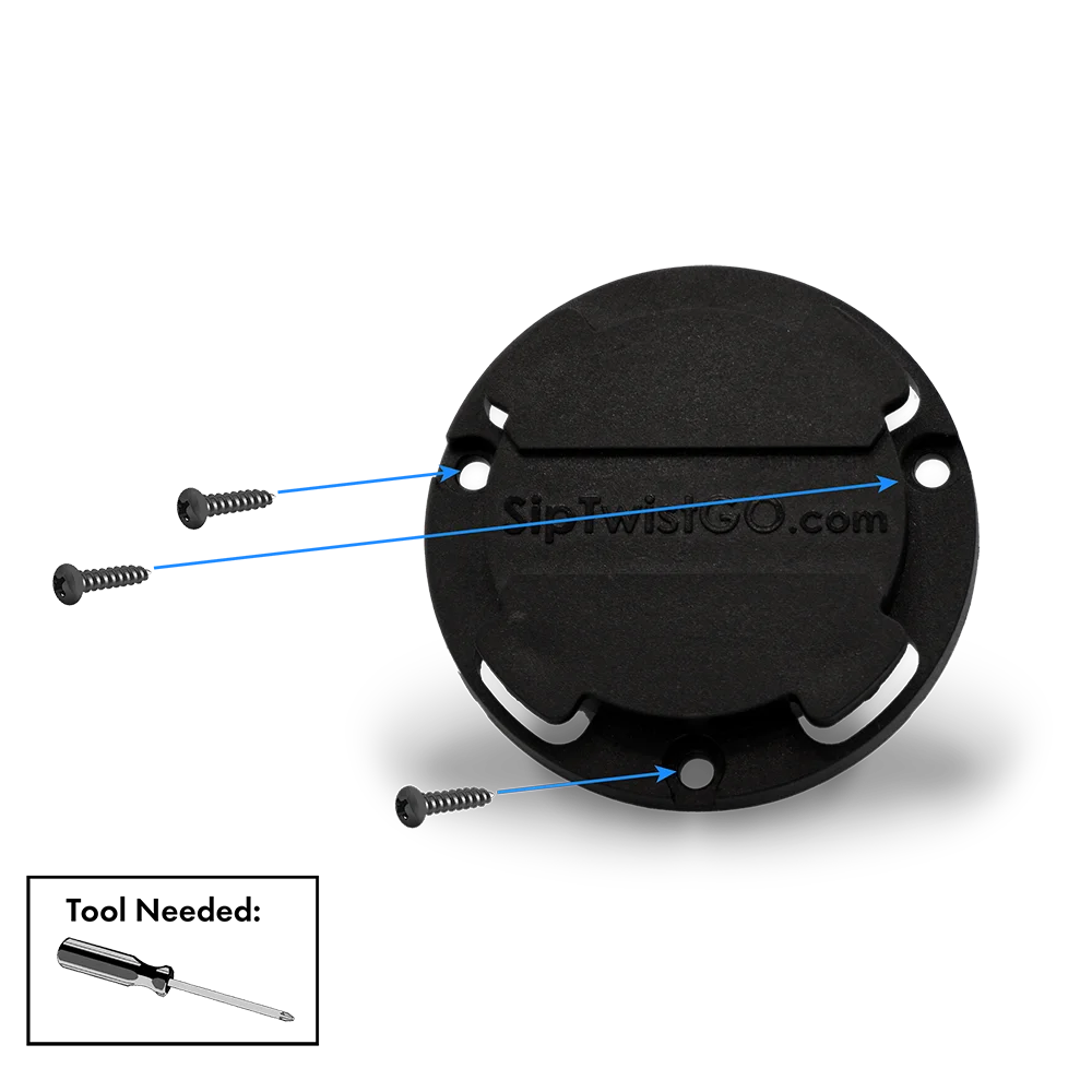 Diagram showing how to screw in the mini disc locking cup holder and attach it onto a flat surface.