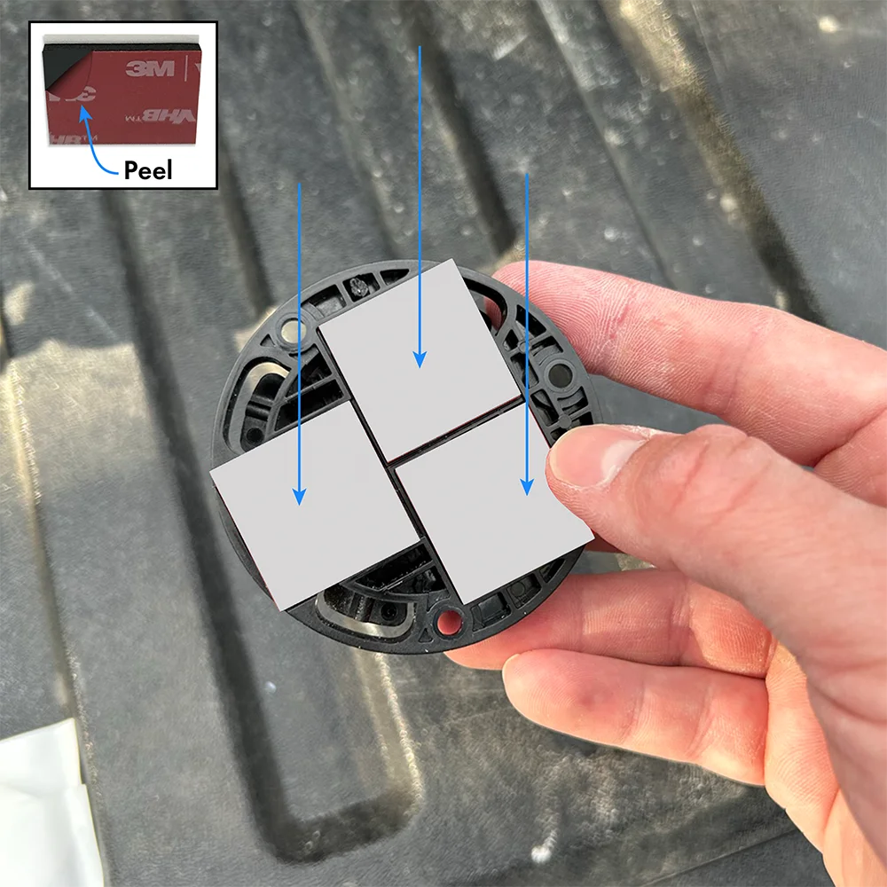 Diagram showing how to install the mini disc cup holder using the adhesive: place three adhesive squares on the back of the mini disc.