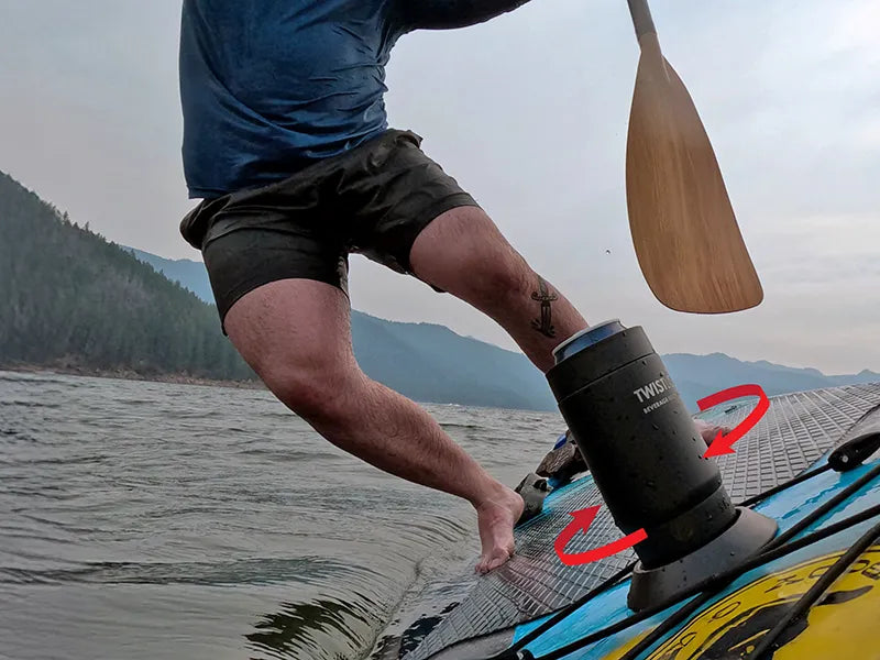 A dude falling off a paddle board. His can cooler is safety secured using the TwistLock adhesive flat mount cup holder. Mobile Hero.