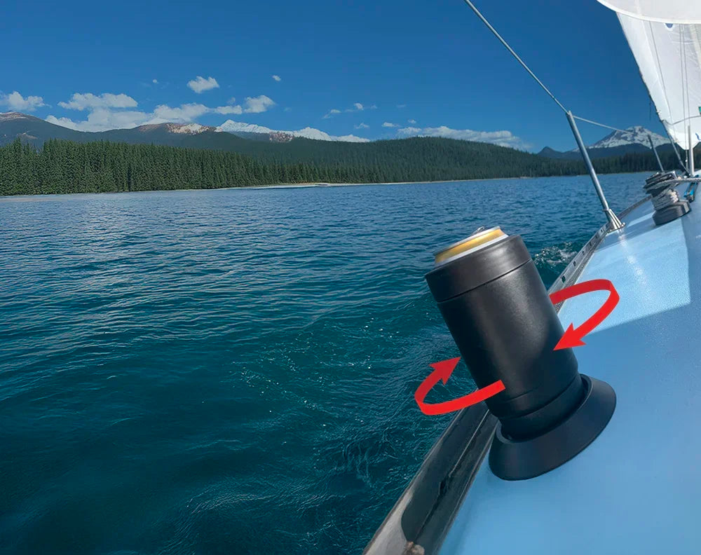 Sailboat with a TwistLock stainless steel insulated can cooler and flat mount locking cup holder attached to the deck.