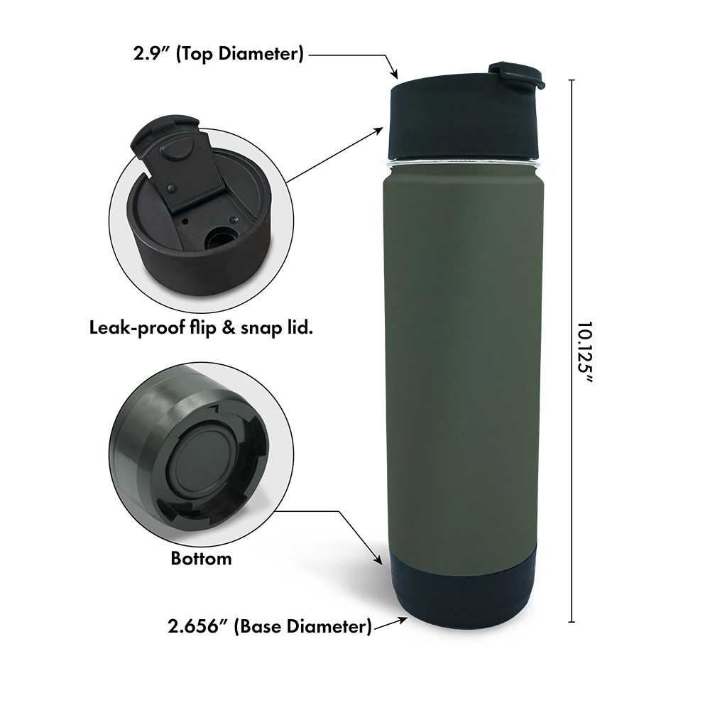 The TwistLock Insulated Canteen features a leak-proof flip and snap lid. It is stainless steel, vacuum insulated for hot or cold beverages.