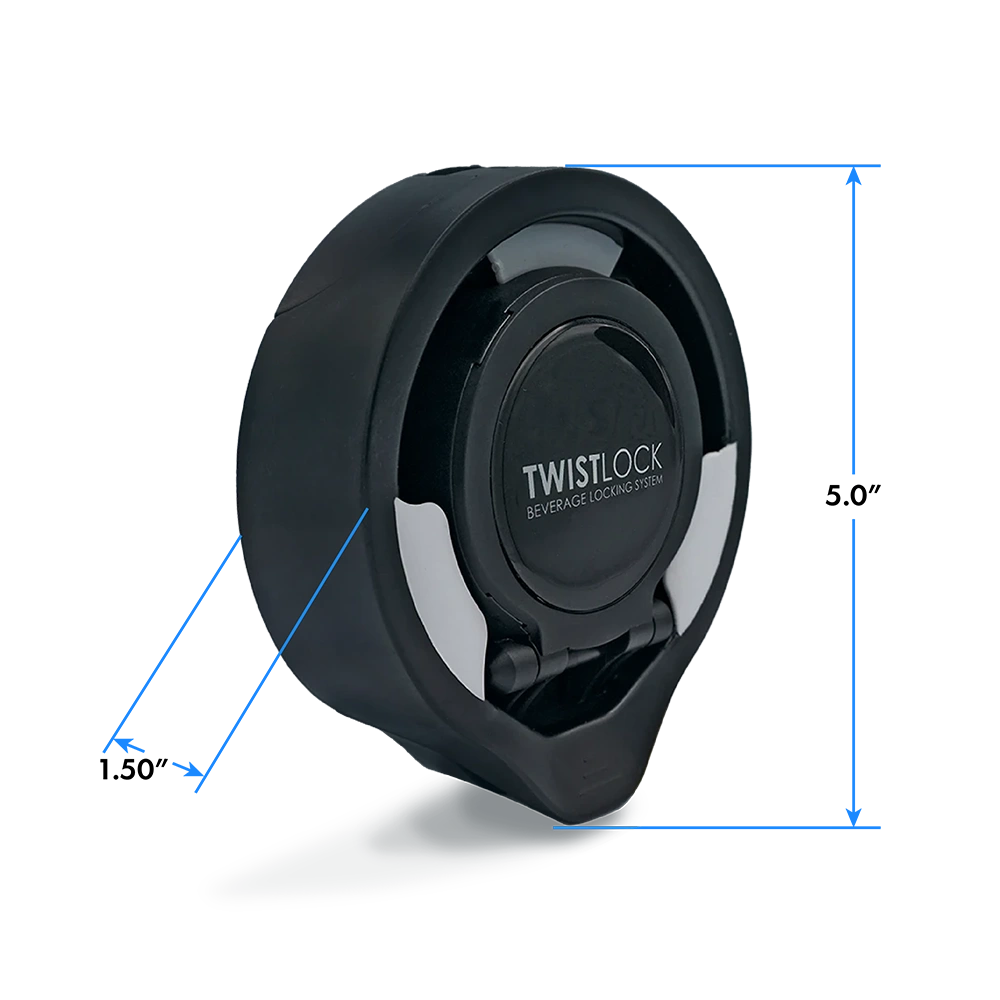 The dimensions of the vertical mount locking cup holder from an angle showing 1.5