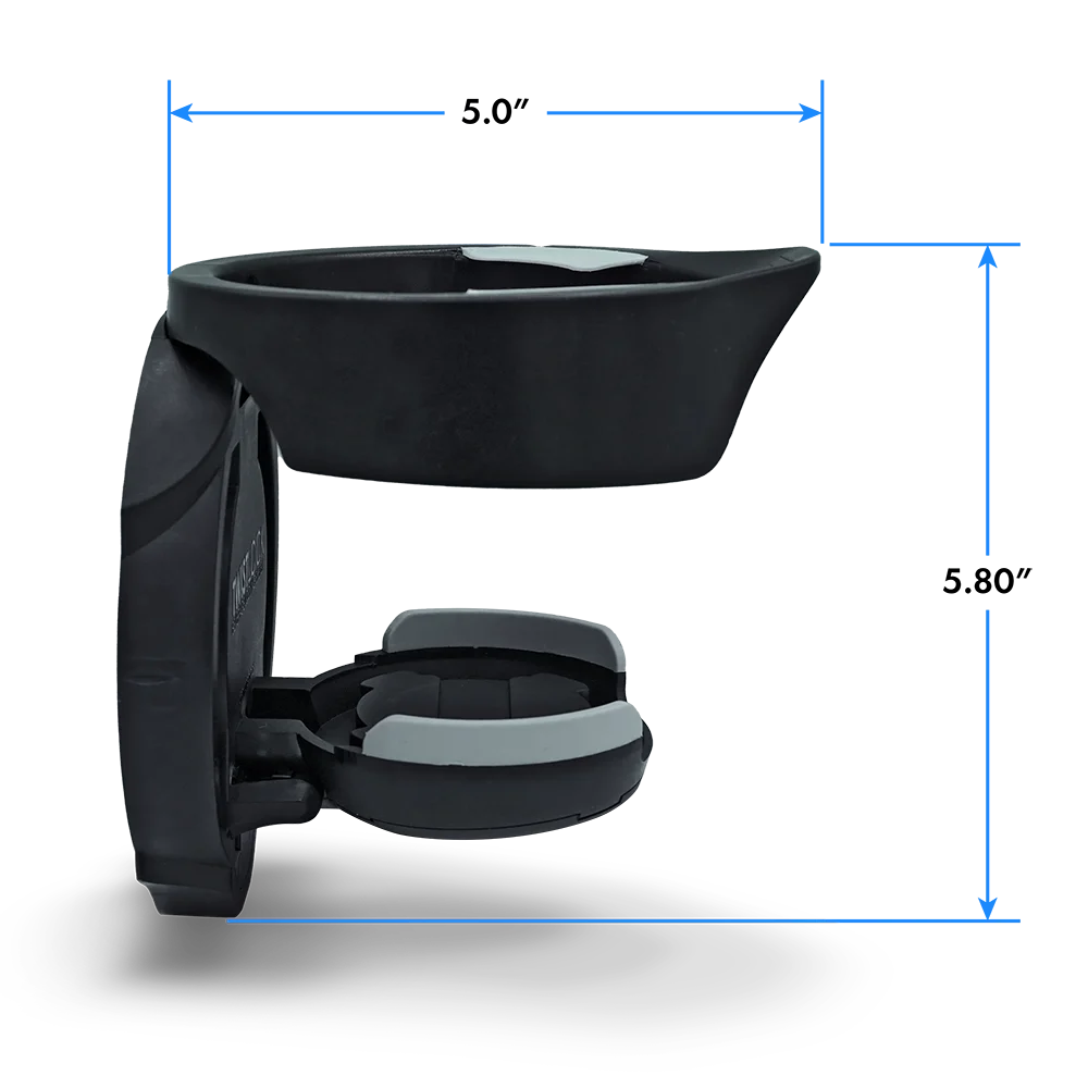 The dimensions of the folding Vertical Mount cup holder from the side view in the open position. The width is 5