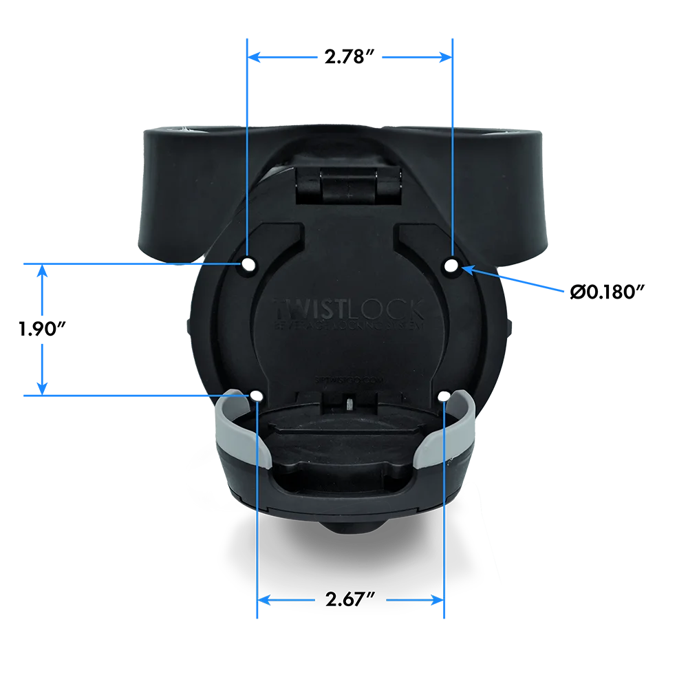 The dimensions and hole locations for mounting the Vertical Mount Locking Cup Holder using the self-tapping screws.