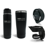 Obsidian Black Bundel deal showing an TwistLock Canteen, Tumbler, and two vertical mount folding locking cup holder.