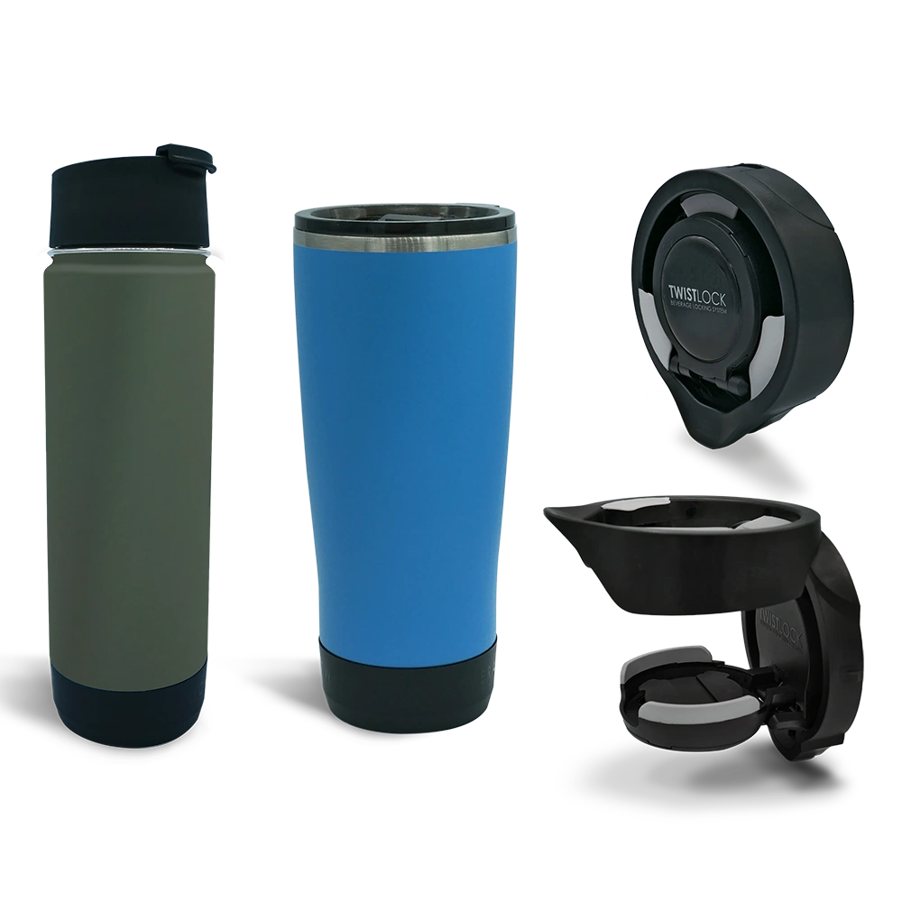 The Vertical Mount Variety Bundle featuring an insulated stainless steel tumbler and canteen in addition to two folding, attachable, locking Vertical Mount Cup Holders.