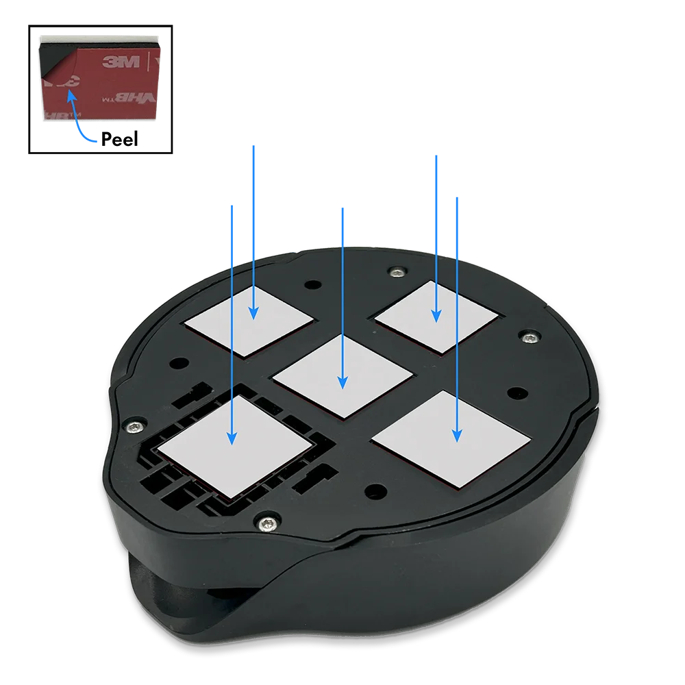 Step to of using adhesive to install the vertical mount locking cup holder. Place all five double-sided adhesives to the back of the mount.
