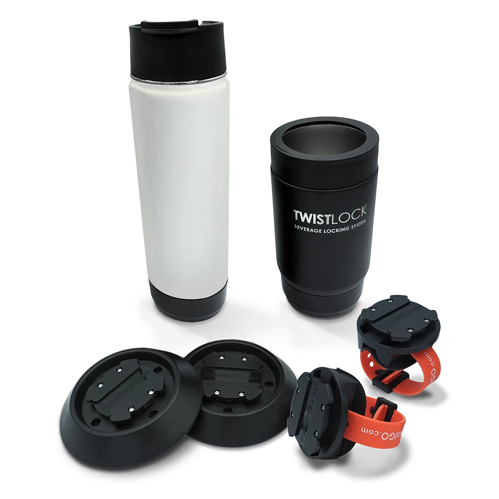 Whitewater rafting attachable cup holder bundle with a black insulated stainless steel can cooler and insulated stainless steel 22 oz canteen in white.