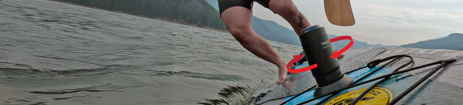 Falling off a paddle board, but the drink is still safe thanks to the TwistLock insulated can cooler and flat mount locking cup holder!