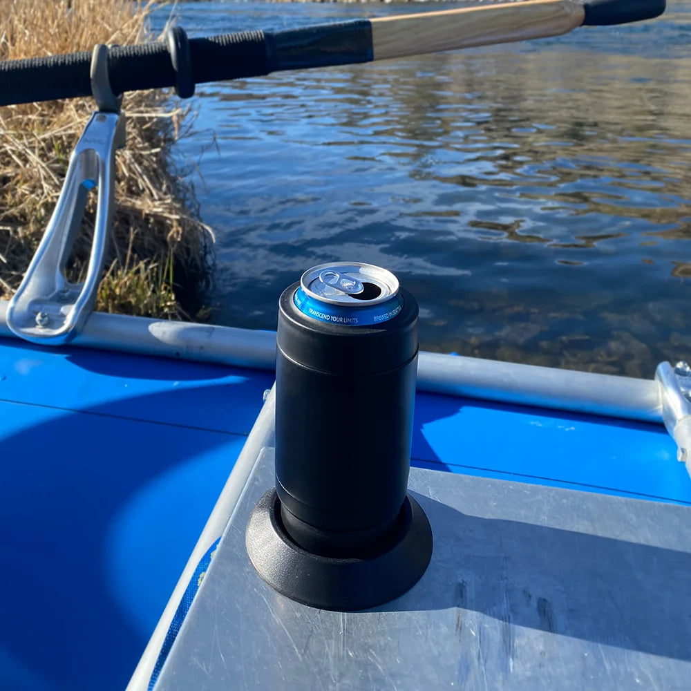 Insulated can cooler and flat mount locking base attached to a raft.