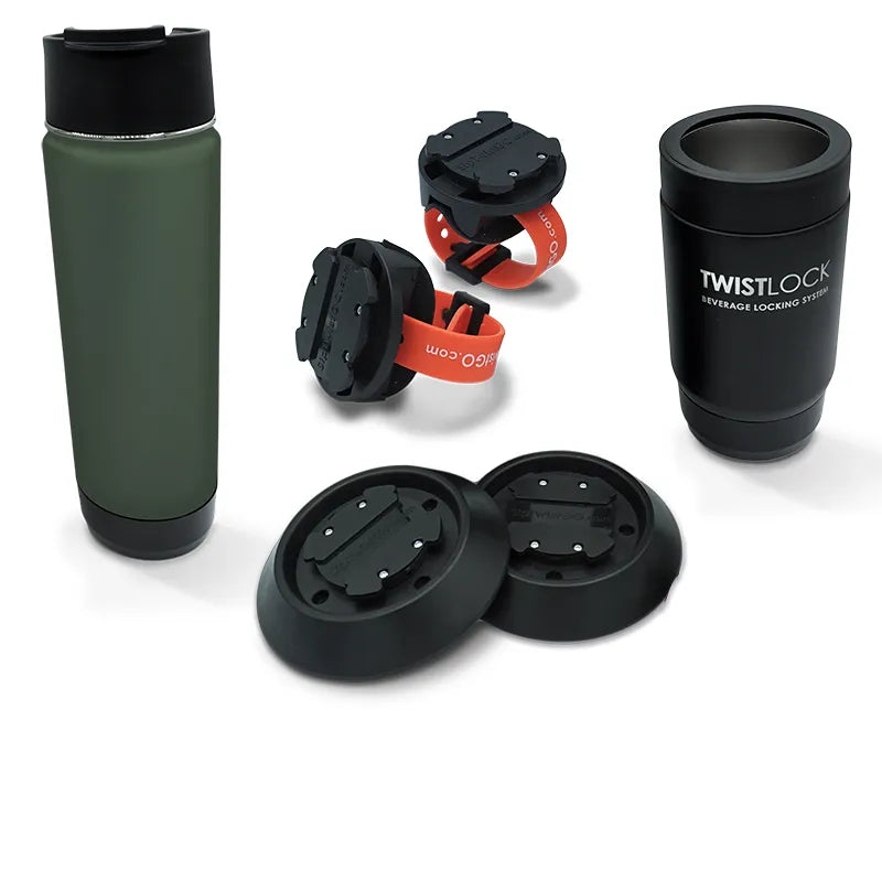 Whitewater rafting bundle deal including mounts for raft frames and gear boxes in addition to an insulated can cooler and insulated canteen.