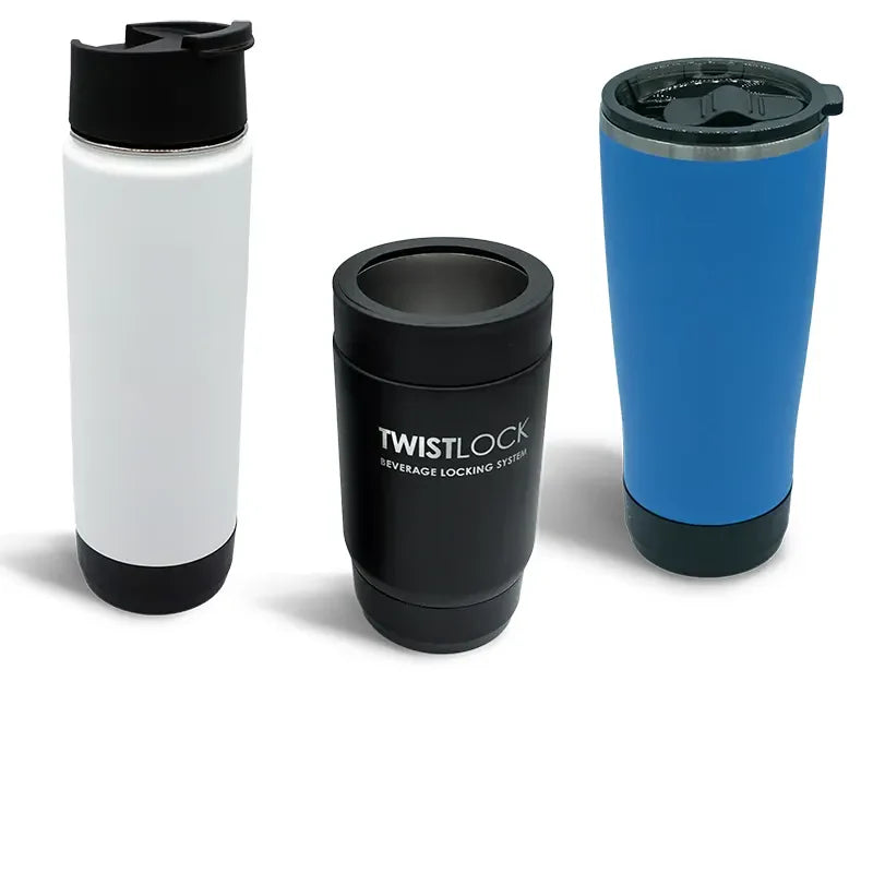 Insulated tumbler with secure locking base on transparent background.