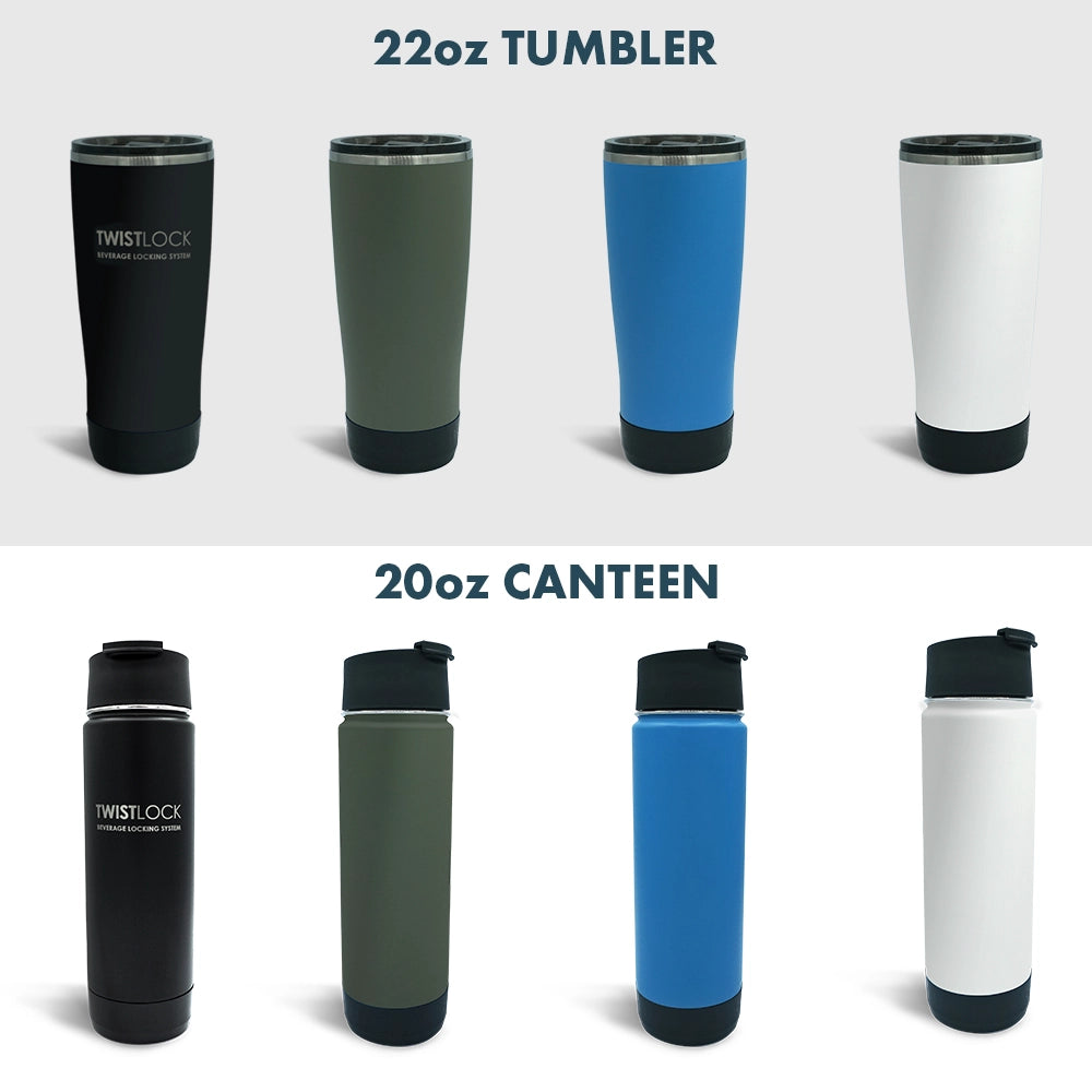 TwistLock Canteen and Tumbler color guide showing both in obsidian black, trailhead green, crater lake blue, and summit white.