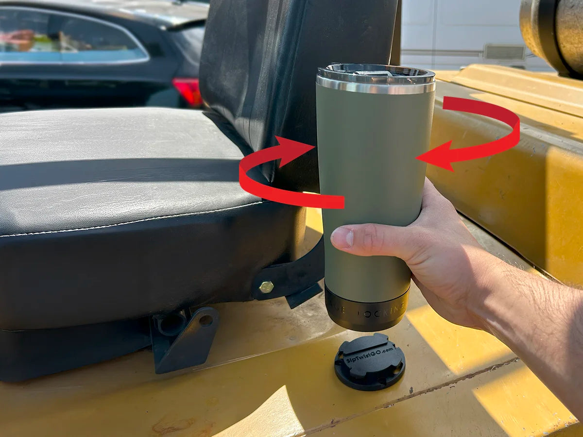 Locking in a TwistLock Green Tumbler into a Mini Disc cup holder attached to a forklift.