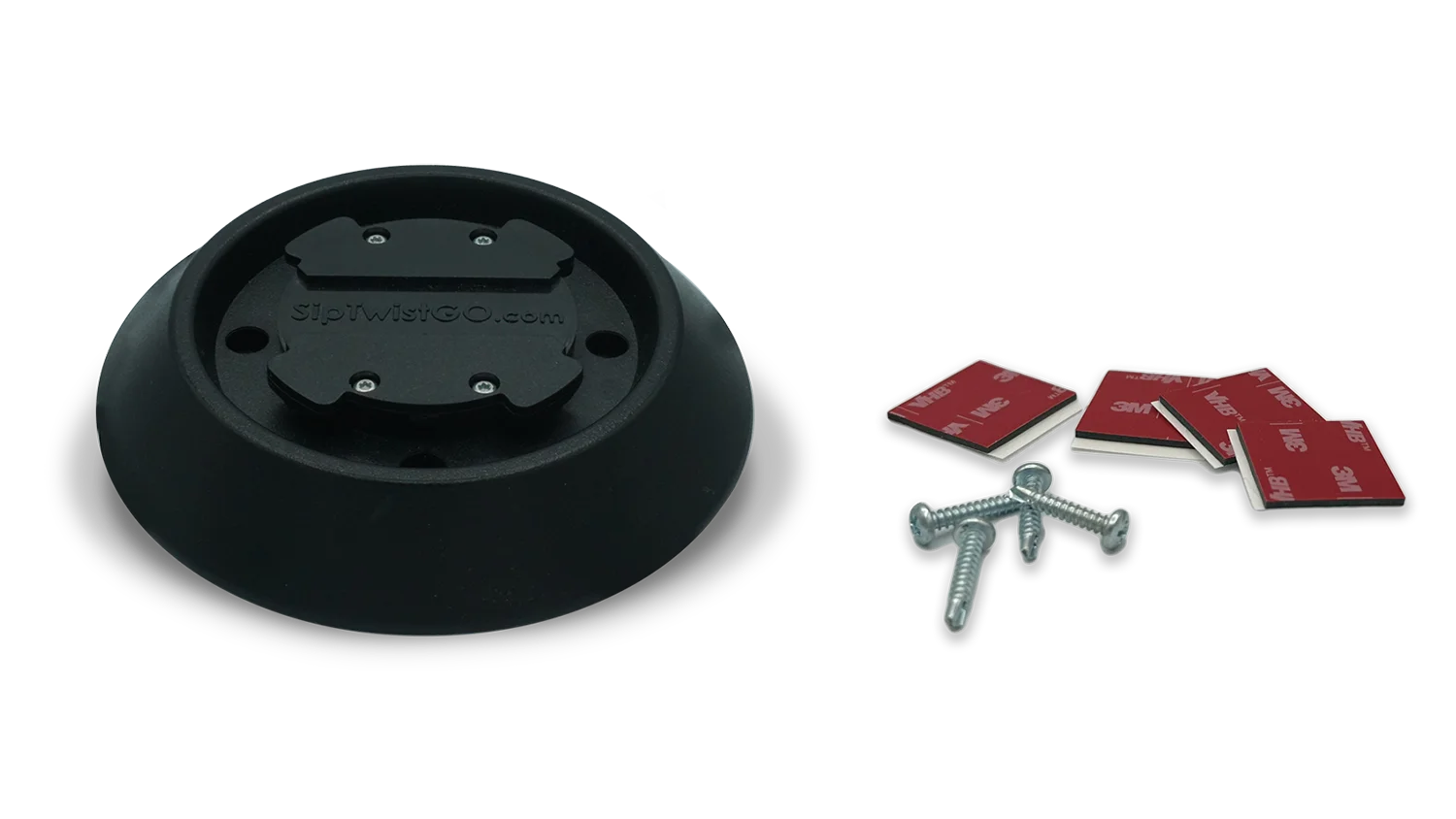 Showing what installation hardware is included with the flat mount. It includes 4 double-side adhesive squares and 4 self-tapping screws.