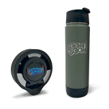 Professional Bass Fisher Fred "Boom Boom" Roumbanis TwistLock Beverage Locking System Signature Series. Featuring a folding lock cup holder for boats and an insulated 20oz canteen in green.