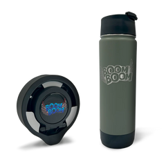 Professional Bass Fisher Fred "Boom Boom" Roumbanis TwistLock Beverage Locking System Signature Series. Featuring a folding lock cup holder for boats and an insulated 20oz canteen in green.