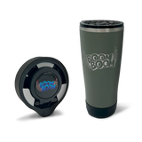 Professional Bass Fisher Fred "Boom Boom" Roumbanis TwistLock Beverage Locking System Signature Series. Featuring a folding lock cup holder for boats and an insulated 22oz tumbler in green.