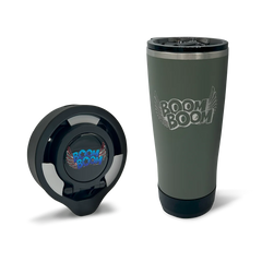 Professional Bass Fisher Fred "Boom Boom" Roumbanis TwistLock Beverage Locking System Signature Series. Featuring a folding lock cup holder for boats and an insulated 22oz tumbler in green.