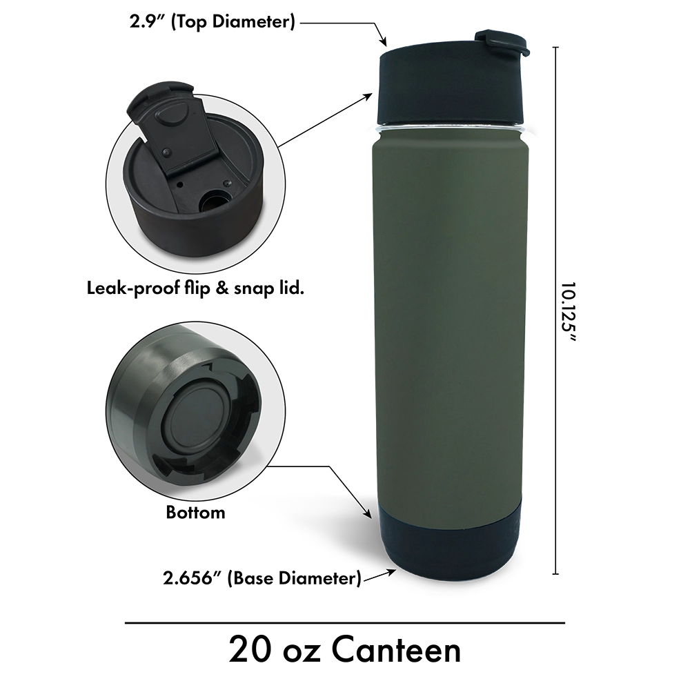 The TwistLock Insulated Canteen features a leak-proof flip and snap lid. It is stainless steel, vacuum insulated for hot or cold beverages.