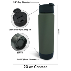 The TwistLock Insulated Canteen features a leak-proof flip and snap lid. It is stainless steel, vacuum insulated for hot or cold beverages.
