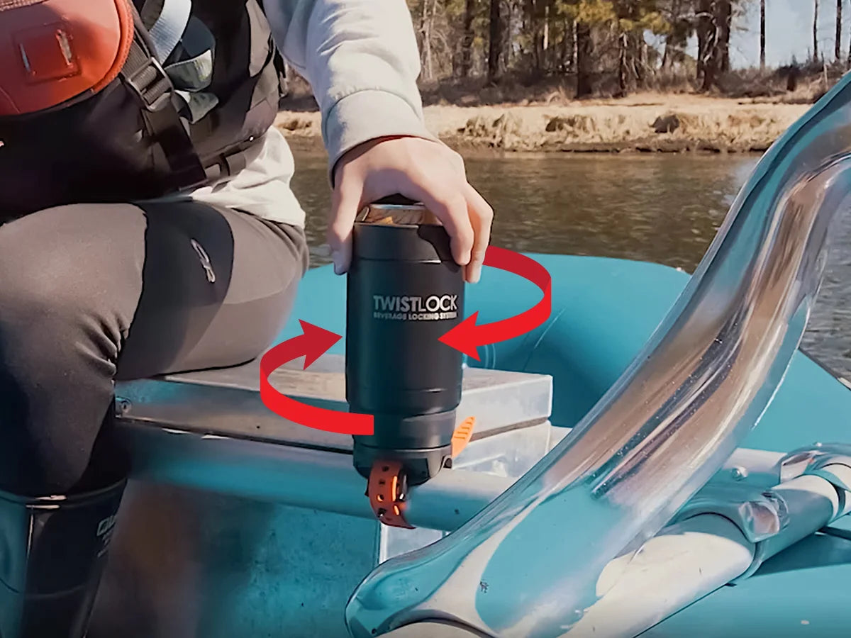 Whitewater raft bar mount TwistLock cup holder attached to the frame with a insulated can cooler being locked in.