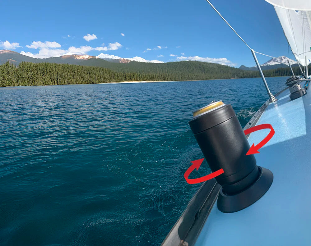Sailboat with a TwistLock stainless steel insulated can cooler and flat mount locking cup holder attached to the deck.