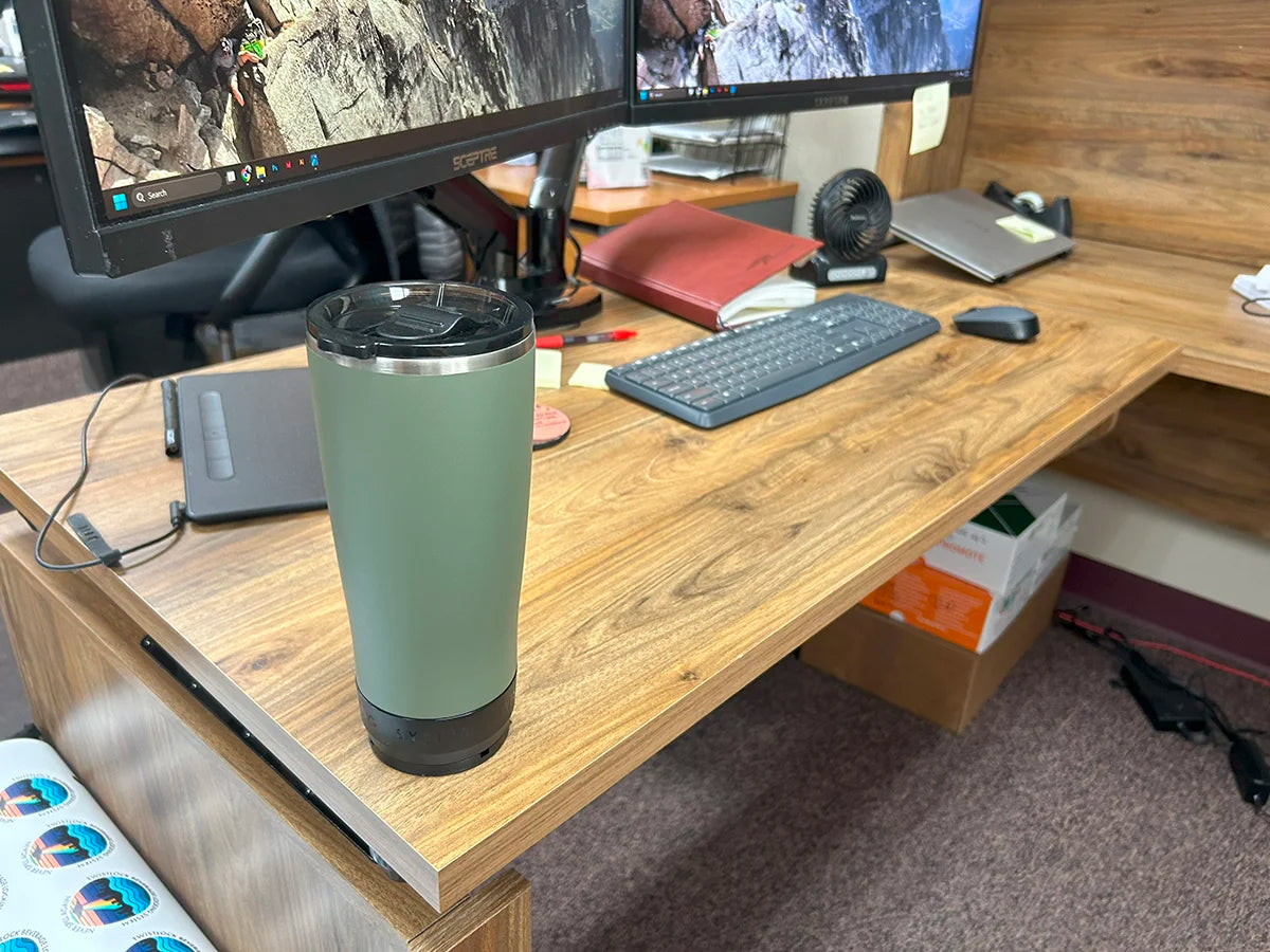 Standing Desk Attachable Secure Spill Free Cup Holder with Green TwistLock Tumbler Locked into a Mini Disc Mount.