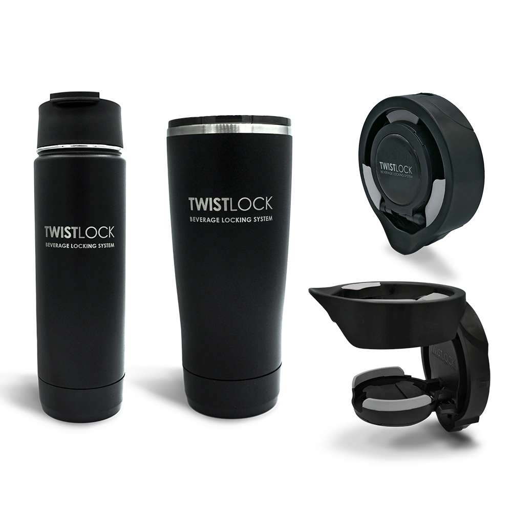 Obsidian Black Bundel deal showing an TwistLock Canteen, Tumbler, and two vertical mount folding locking cup holder.