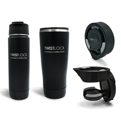 Obsidian Black Bundel deal showing an TwistLock Canteen, Tumbler, and two vertical mount folding locking cup holder.