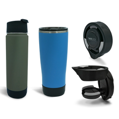 The Vertical Mount Variety Bundle featuring an insulated stainless steel tumbler and canteen in addition to two folding, attachable, locking Vertical Mount Cup Holders.