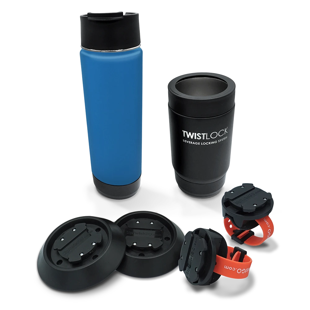 Whitewater rafting attachable cup holder bundle with a black insulated stainless steel can cooler and insulated stainless steel 22 oz canteen in blue.