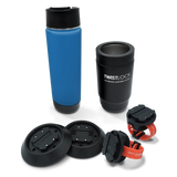 Whitewater rafting attachable cup holder bundle with a black insulated stainless steel can cooler and insulated stainless steel 22 oz canteen in blue.