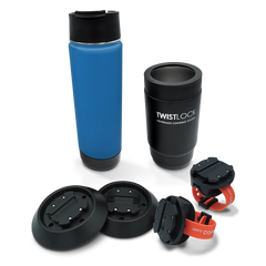 Whitewater rafting attachable cup holder bundle with a black insulated stainless steel can cooler and insulated stainless steel 22 oz canteen in blue.