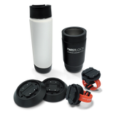 Whitewater rafting attachable cup holder bundle with a black insulated stainless steel can cooler and insulated stainless steel 22 oz canteen in white.