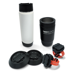 Whitewater rafting attachable cup holder bundle with a black insulated stainless steel can cooler and insulated stainless steel 22 oz canteen in white.