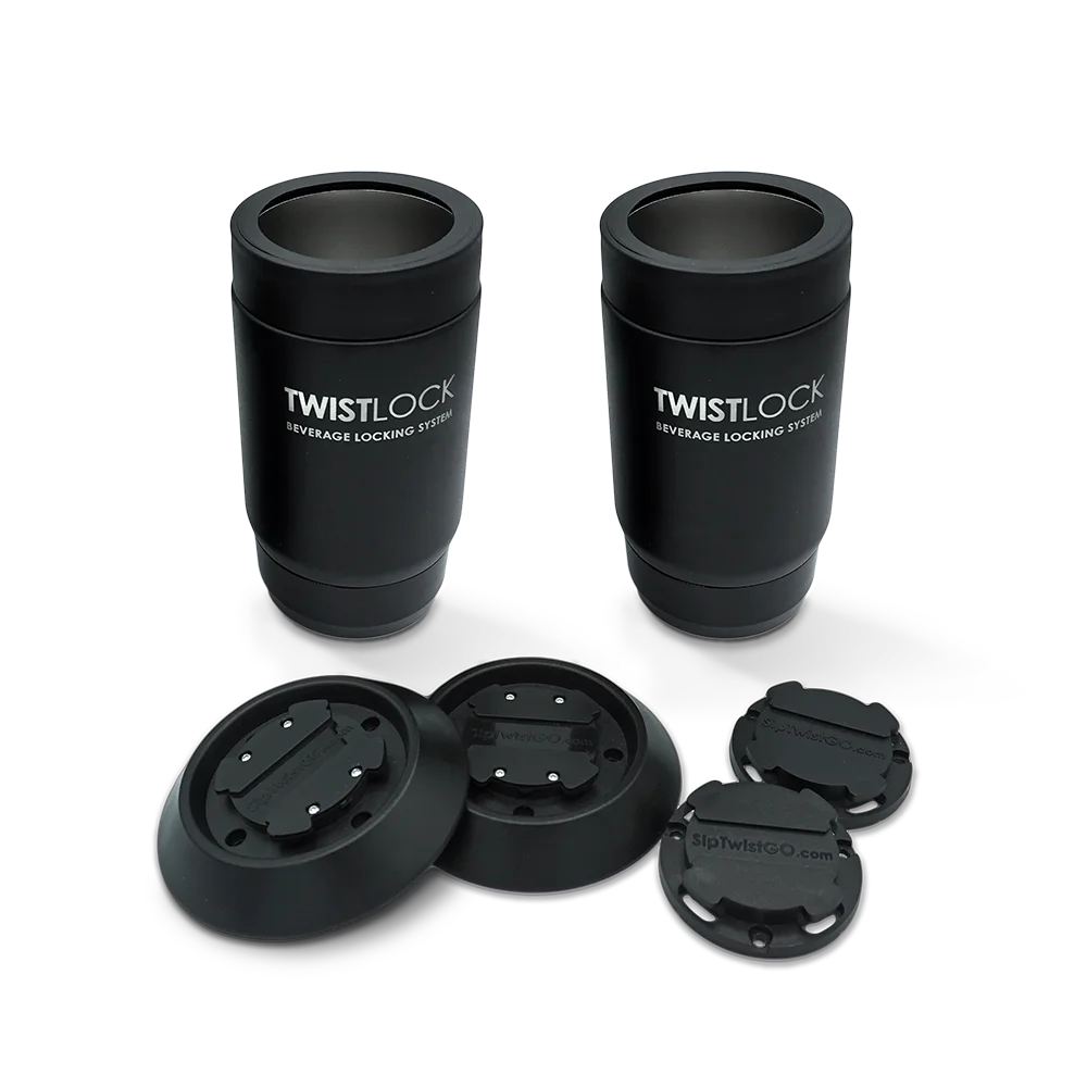 Paddleboard cup holder bundle with 2 insulated can coolers, 2 flat mount, and 2 mini disc locking cup holder bases.