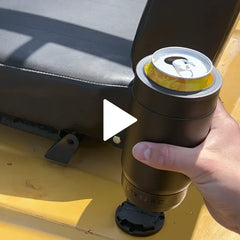 Locking a can cooler onto a cup holder on a forklift.