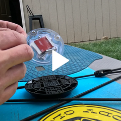 Flat Mount Locking Cup Holder being shown with the TwistLock Insulated Canteen, Can Cooler, and Tumbler. It shows it being used on a boat, paddleboard, and cooler lid.