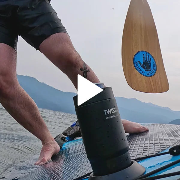 The best insulated can cooler and attachable secure cup holder on a paddle board.